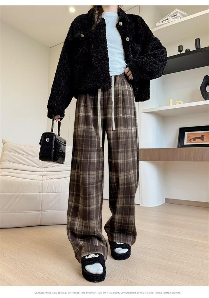 Vasarhely Gaucho Loose Elastic Waist Women's Wide-Leg Pants, Fall/Winter, Fleece-Lined, Warm, Fit, Casual, Long, (XL, Coffee)