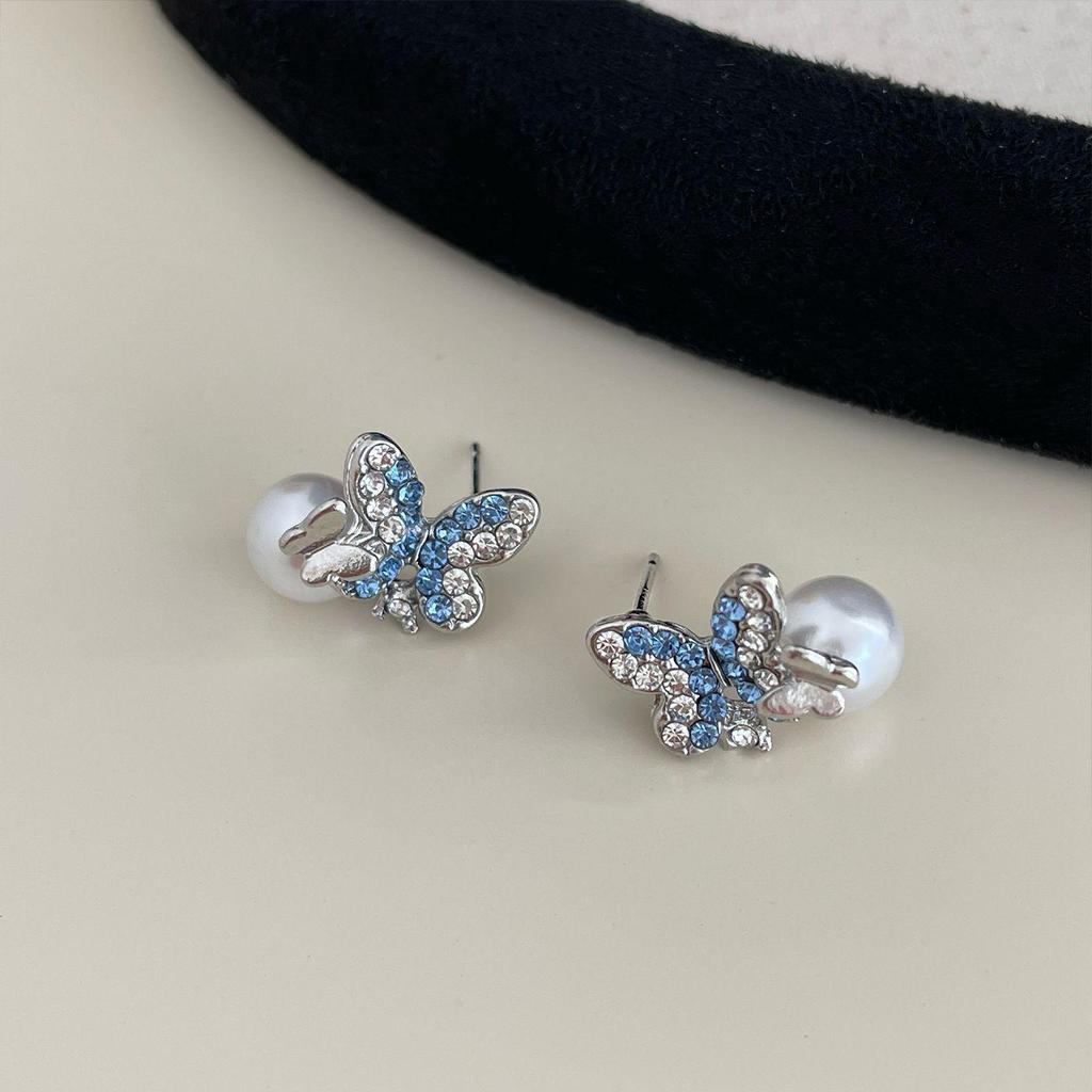 Корейские серьги-медведи с голубыми бриллиантами для женщин: Серебряная игла, элегантный дизайн в виде бабочки