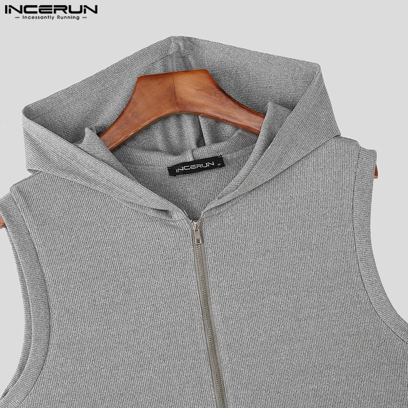 INCERUN Мужские безрукавные повседневные худи-майки в рубчик на молнии