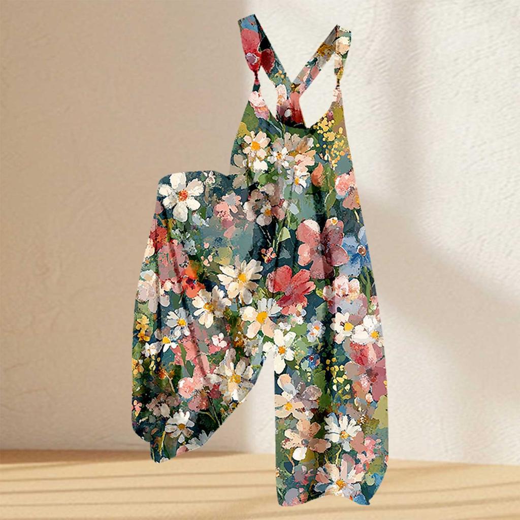 Женский комбинезон с цветочным принтом, повседневный свободный комбинезон из хлопка и льна
