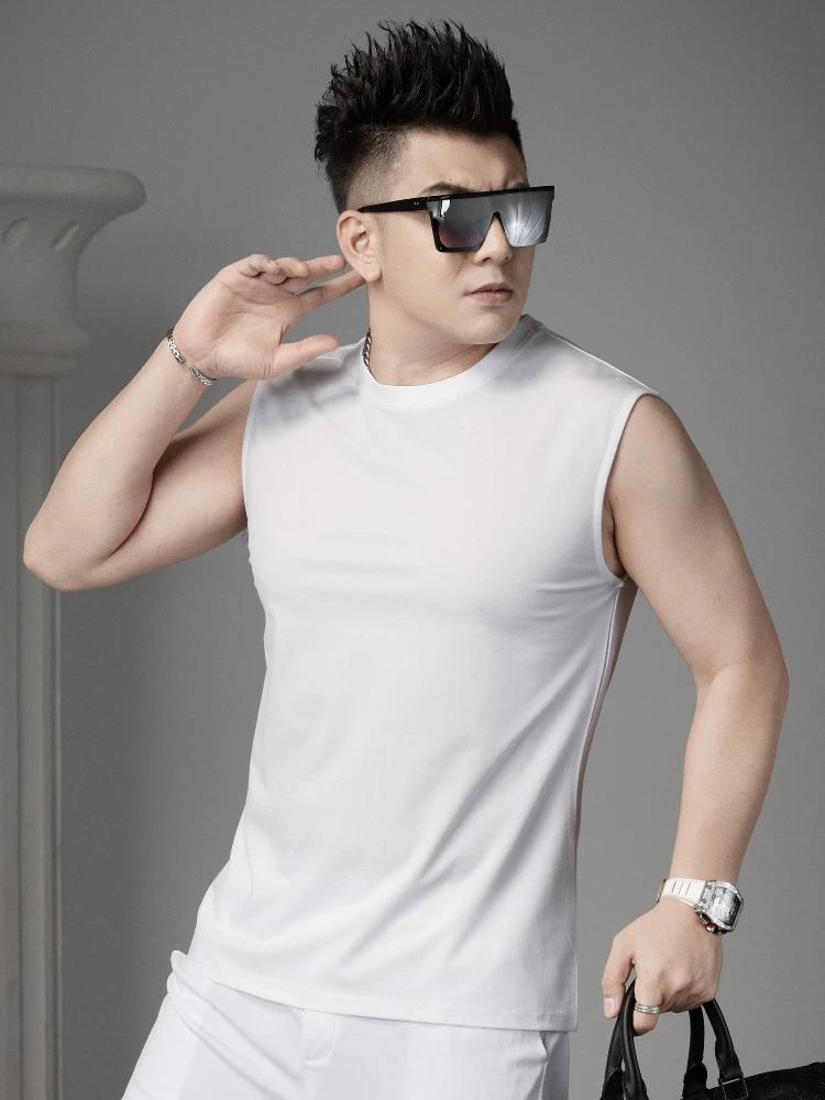 Ozhouzhan round Neck Vest Men's Summer Thin Sleeveless T-shirt Solid Blazer Top Men's Undershirt Waistcoat