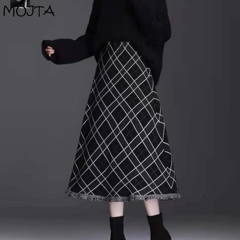 Женская осенне-зимняя вязаная юбка средней длины с кисточками и высокой талией, клетчатая юбка
