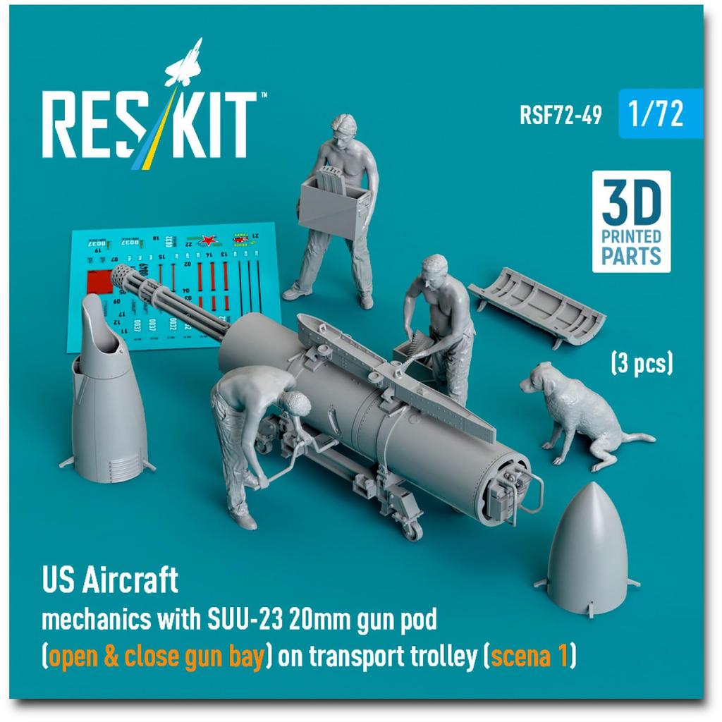 Reskit American Mechanic Gun Pod Trolley 3D Printer Resin Kit 1/72 w/SUU-23 & (Type 1) (3 Pieces) RSKF72-0049 (Airplane)