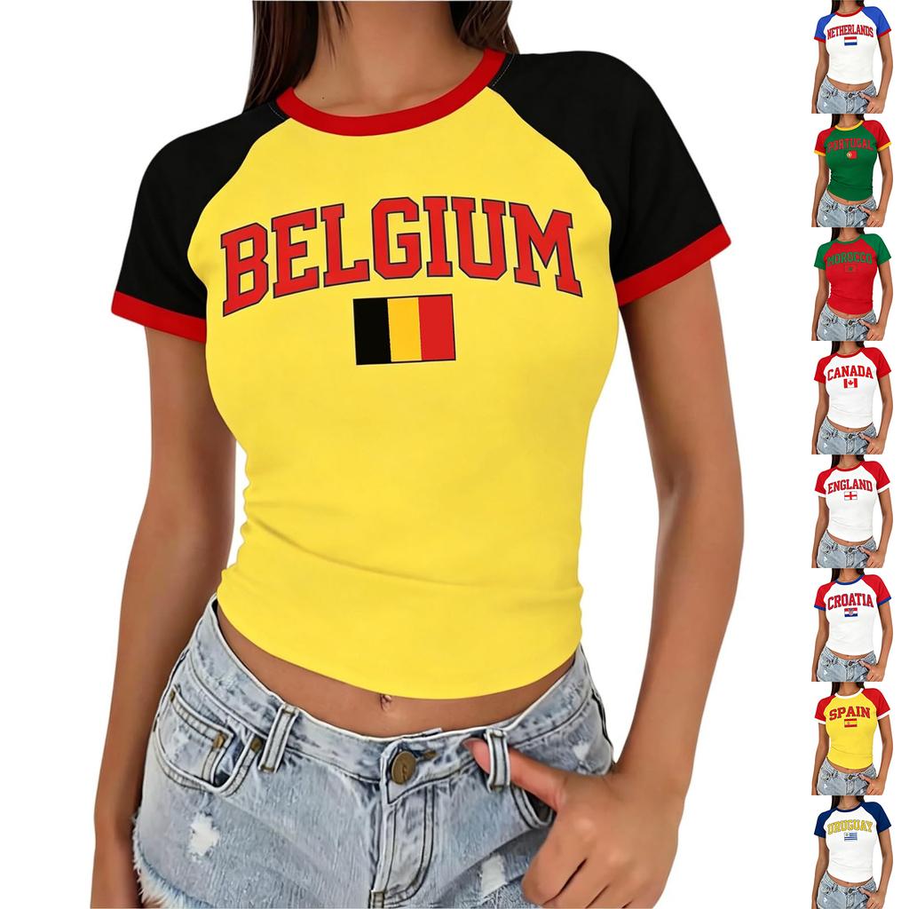 Women’s Casual V Neck Short Sleeve Pullover T Shirt with Canada Letter Print for Football Supporter Outfits