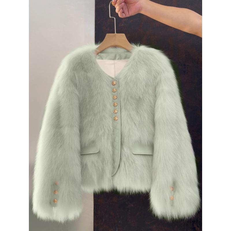 Женская короткая шуба из искусственного меха лисы с кожаной отделкой, на пуговицах, теплая зимняя куртка