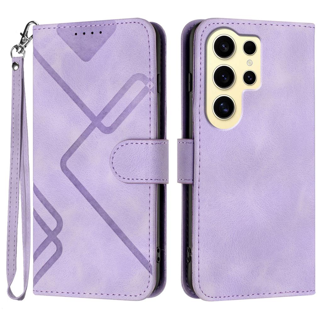For Samsung Galaxy S24 Ultra Wallet Case Line Imprinted PU Leather Phone Cover with Strap