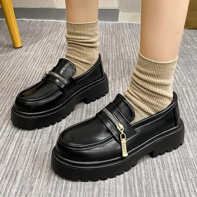 2024 Весна и Осень Модная женская обувь Новые высококачественные однотонные женские мокасины с круглым носком и квадратным каблуком на молнии