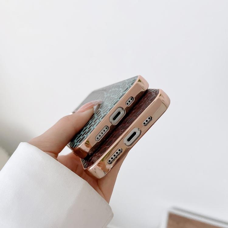 For iPhone 14 Crocodile Texture Genuine Leather Nano Electroplating Phone Case