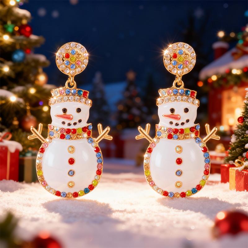 Christmas Colorful Crystal Rhinestone Drop Oil Snowman Earrings for Women Holiday New Year Party Jewelry Gift