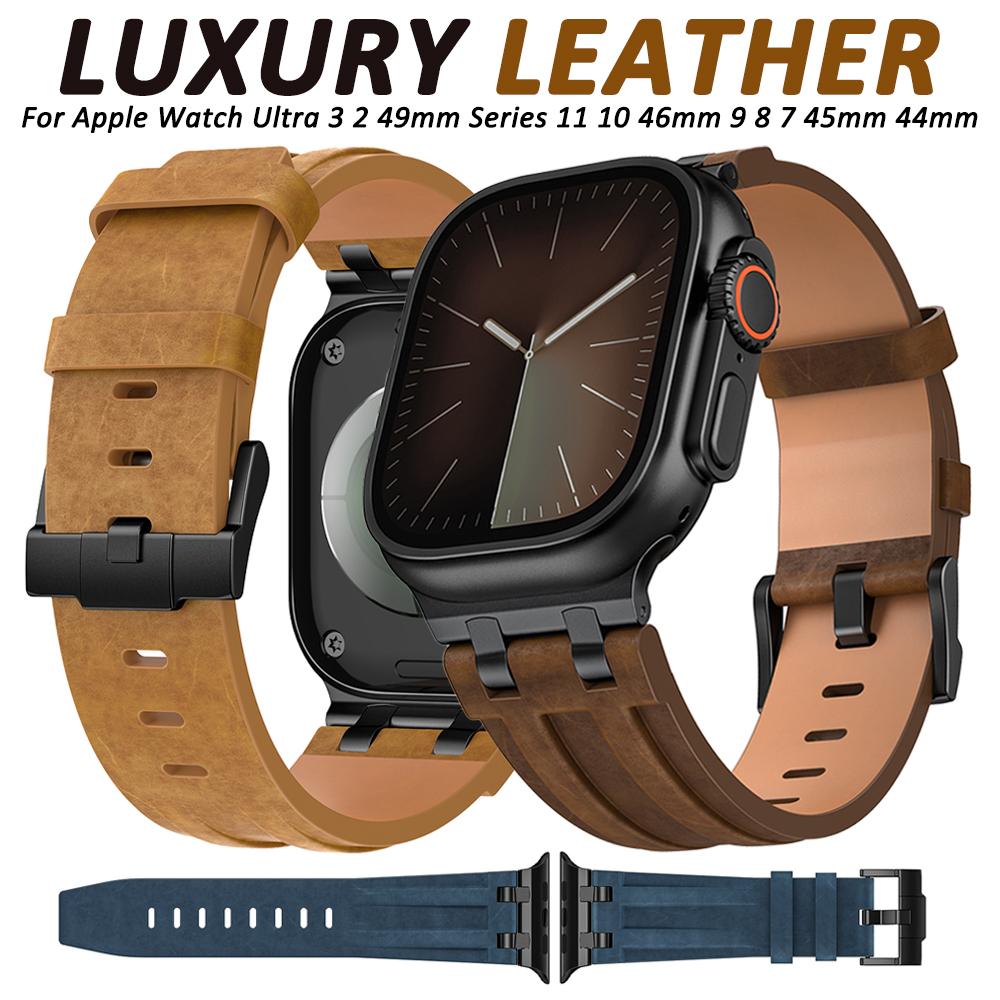 Кожаный ремешок для Apple Watch Ремешок 49 мм 46 мм 45 мм 44 мм Роскошный мужской браслет для iWatch Ultra 3 Серии 11 10 9 8 7 6 Se Ремешок