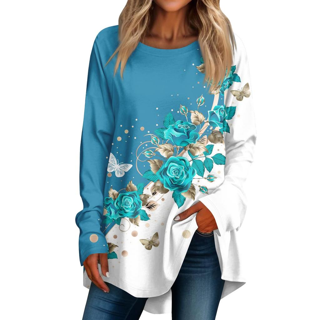 Women's Casual  Plus Size Long Sleeved Round  Printed T-shirt Top Pullover