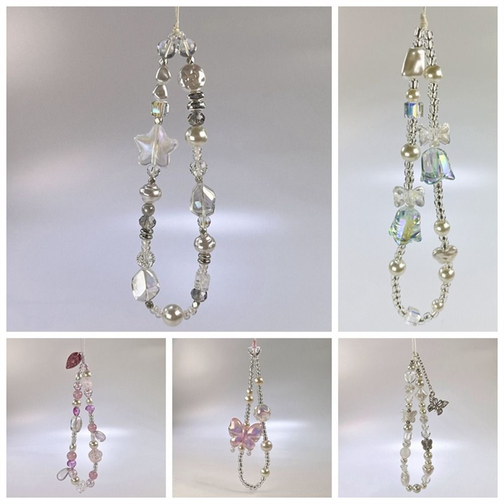 Y2K Silver Phone Lanyard Clear Star Beads Phone Chain Cell Phone Strap Bracelet Keychain