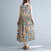 Summer Loose Cotton Linen Printed Round Neck Sleeveless Dress for Women Waist Cinched Mid Length Design Casual Dresses