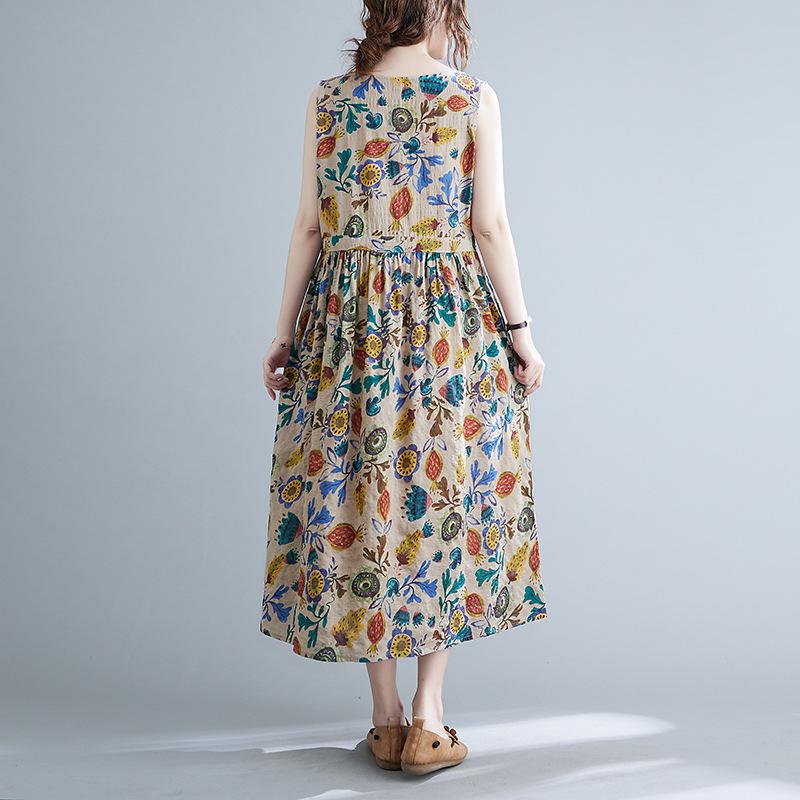 Summer Loose Cotton Linen Printed Round Neck Sleeveless Dress for Women Waist Cinched Mid Length Design Casual Dresses