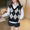 Women's Diamond Plaid Pattern Knitted Vest Loose V Neck Sleeveless Pullover Tank