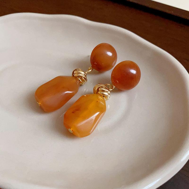 Серебряная игла смола тигровый глаз асимметричные серьги Маillard ретро персонализированные универсальные серьги-гвоздики легкая роскошь высококачественные серьги