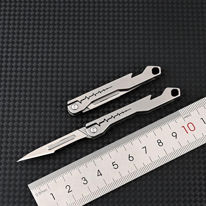 Mini Folding Knife with 10pcs Replacement Blades Titanium Alloy Pocket Knife Keychain Multitool Bottle Opener Unboxing Survival