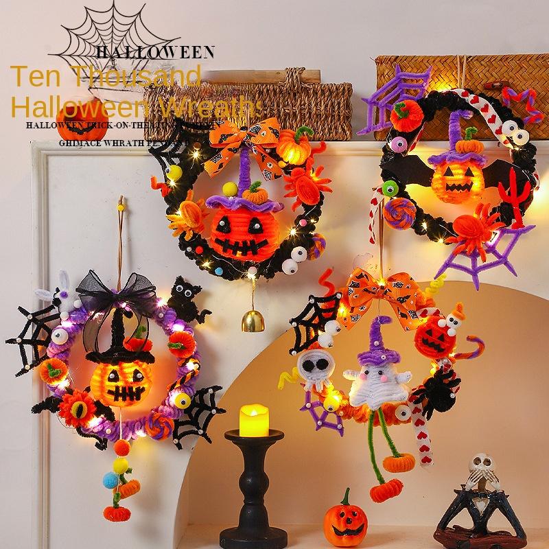 Halloween Wreath with Lighted Pumpkin Lantern, Glowing Door Hanging Decoration Props for Store Party Scene Atmosphere Layout