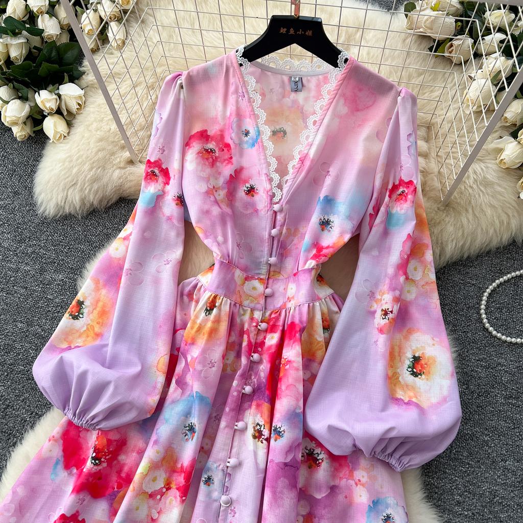 Весна-лето Женские однобортные платья с V-образным вырезом и кружевным воротником Длинные макси-платья для пляжа на берегу моря