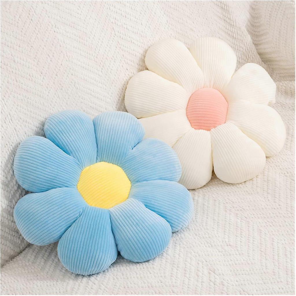 2pcs Daisy Flower Shaped Throw Pillows, Plush Floor Pillow Cushion for Bedroom Sofa Chair Decor (15.7 INCH, White & Blue)