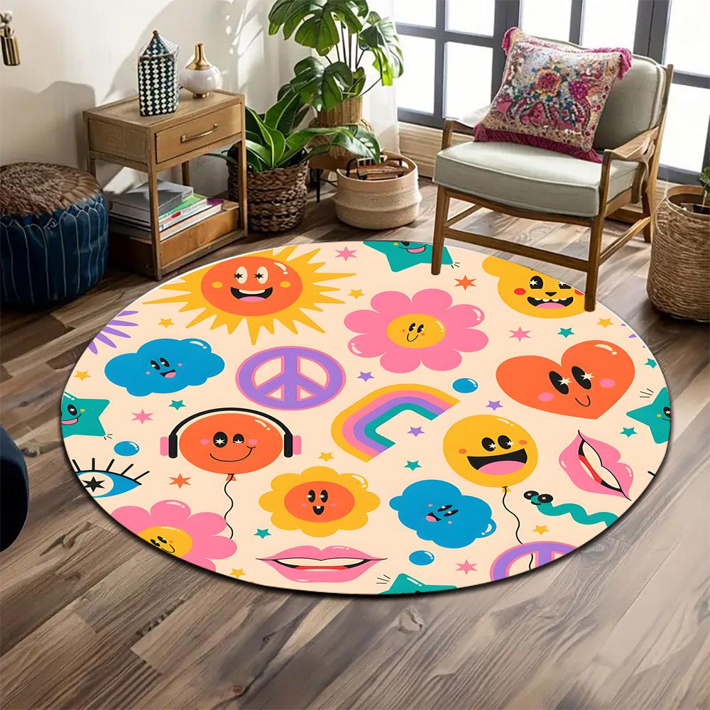 Colorful Cartoon Smiley and Rainbow Pattern Print round rug, living room, bedroom, playroom carpet, non slip floor mat, gift