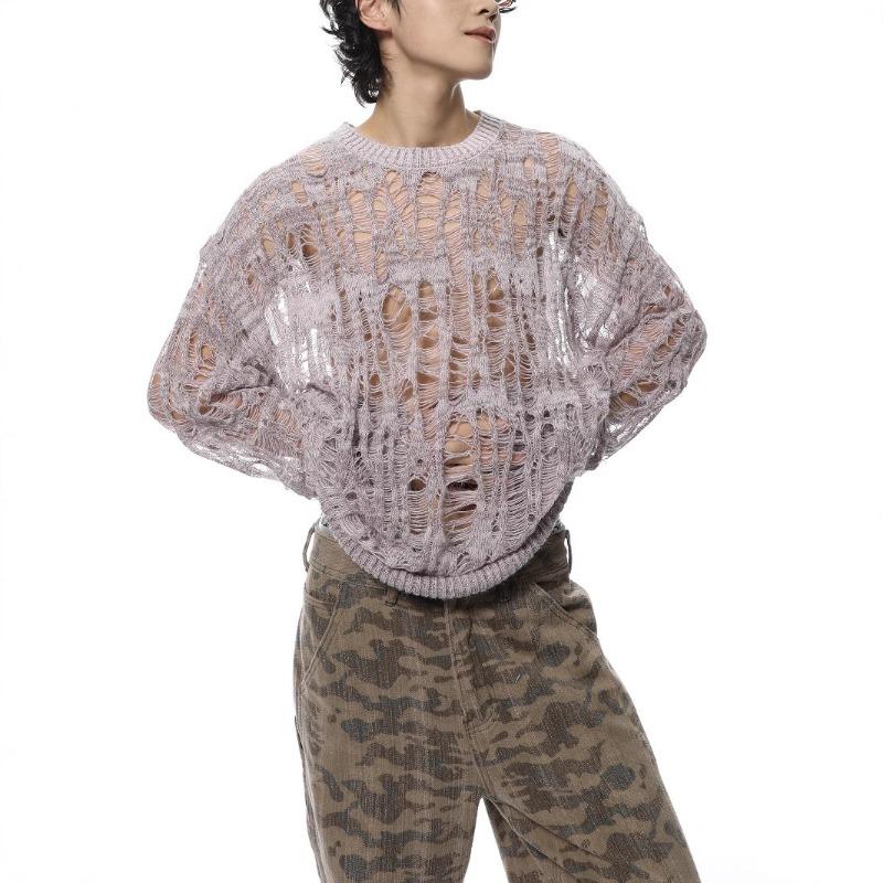 Мужской вязаный свитер оверсайз с потертостями и дырками Streetwear Y2K Летний топ