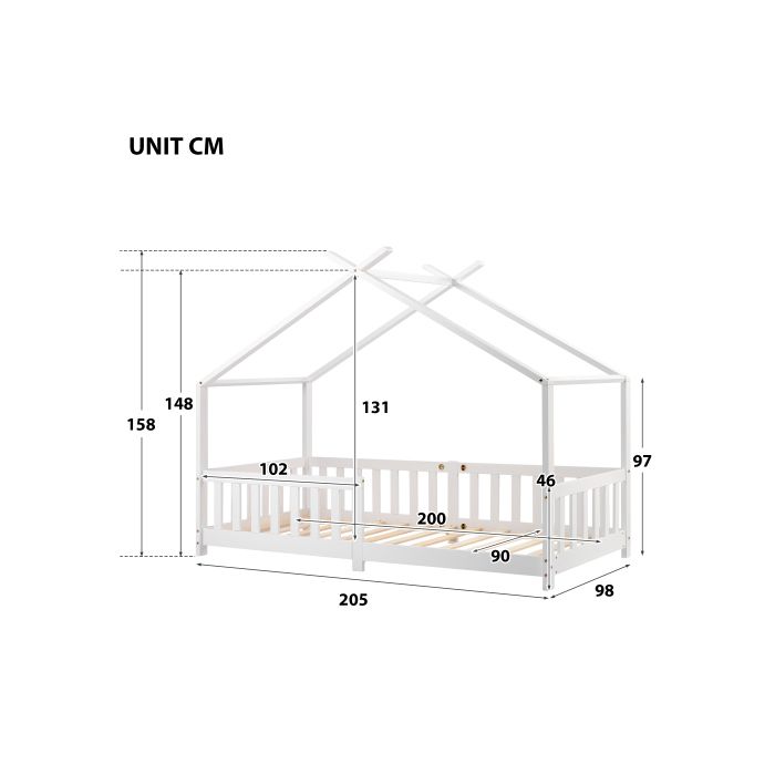 Lit d'enfant - MUVOE - 90x200 cm - Bois massif - Garde-corps - Blanc