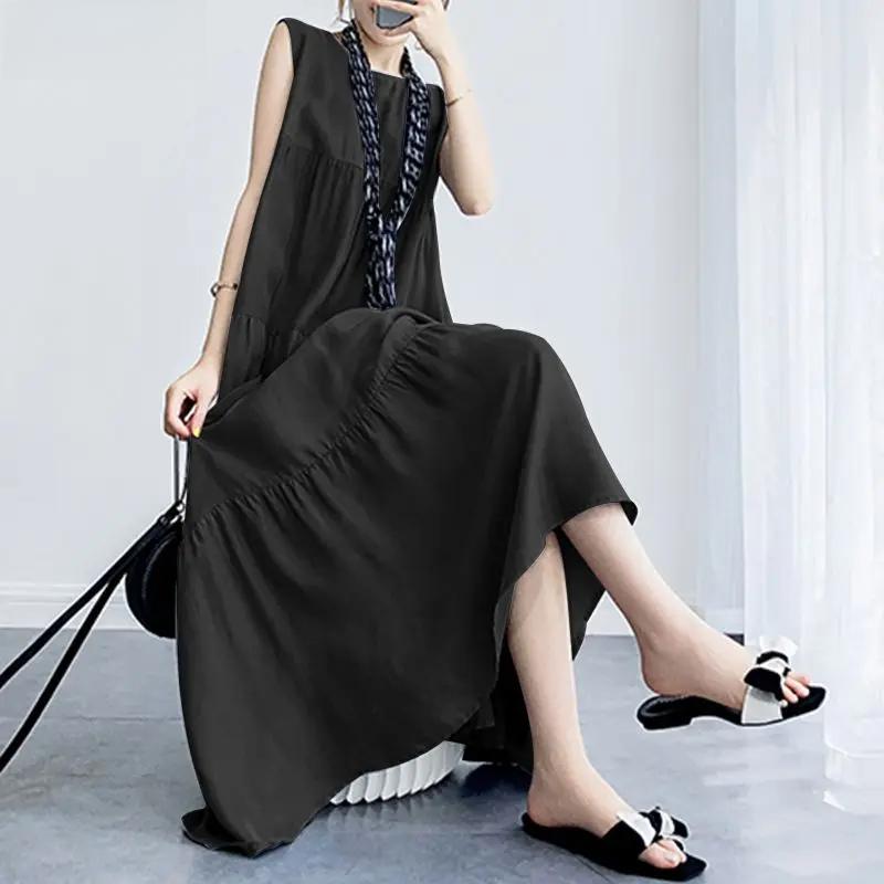 Stylish Women's Tiered Sundress Solid Summer Dress Casual Sleeveless O-neck Robe Oversized Dress