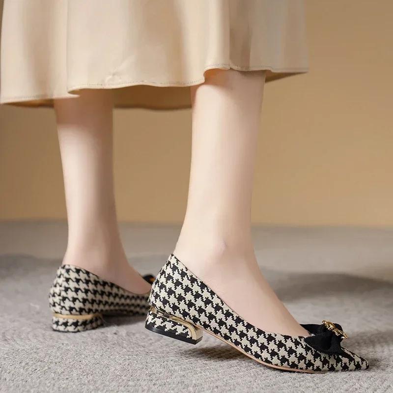 New Thick Heel Shoes Women's 2024 Autumn New All-match Pointed Toe Flat Shoes Houndstooth Bow Shallow Mouth Medium Heel