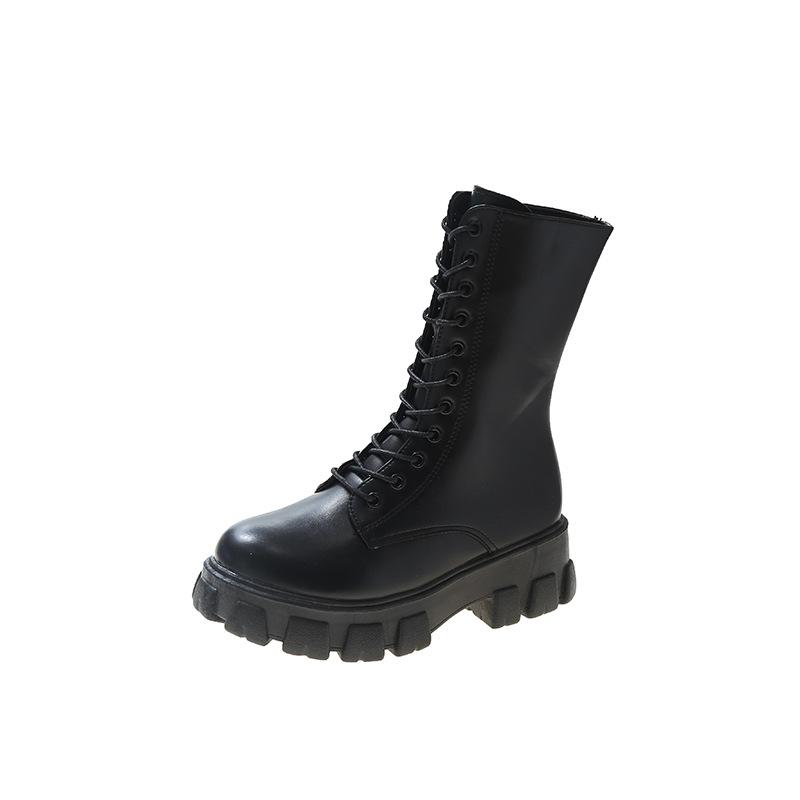 Autumn and winter Martin boots women's round head thick-soled medium boots side zipper lace-up trendy cool locomotive boots