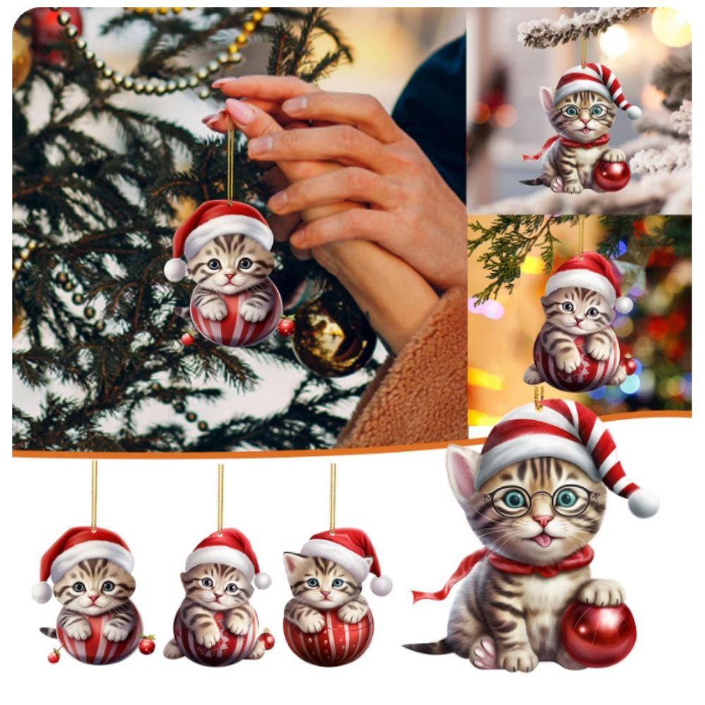 Flat Christmas Cat Pendant Acrylic Christmas Tree Decorations Cute Cat Xmas Hat Ornament Holiday