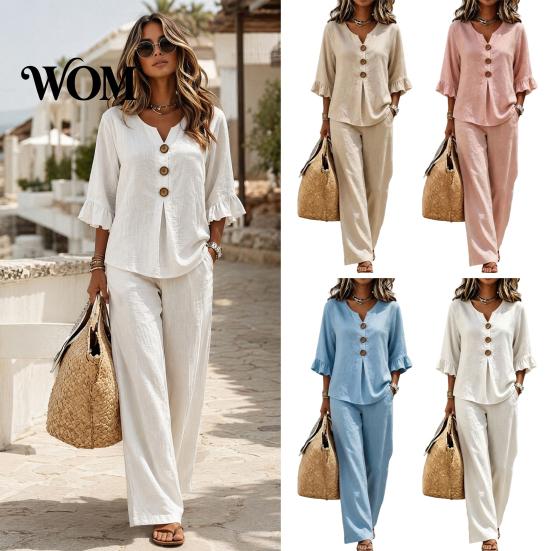 V-neck Blouse with Buttons Summer 2 Piece Sets for Women, Casual Ruffle 3/4 Sleeve V Comfortable Daily Wear Pants Neck Top And Wide Leg Matching Set,