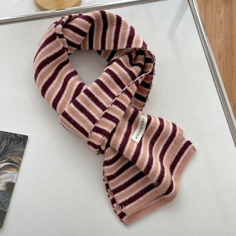 New Striped Knitted Scarf for Women In Winter High End Versatile and Cute Woolen Small Scarf Men's Neck Protector Warm Korean Version