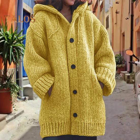 Женский свитер, пальто с капюшоном, завязками, длинными рукавами, однобортное вязаное пальто, однотонное, средней длины, вязаная верхняя одежда