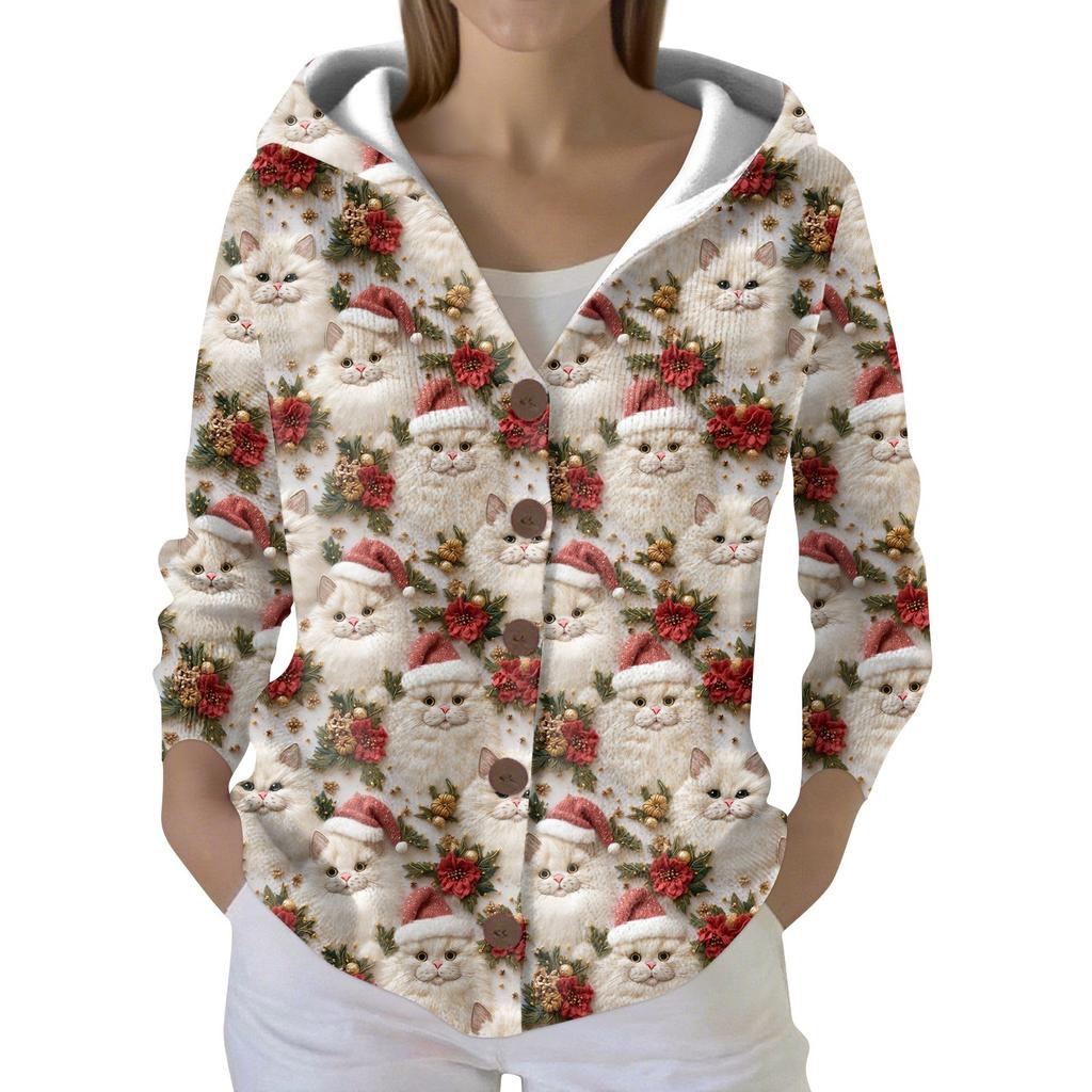 Женский модный повседневный свитер на пуговицах с принтом, кардиган, куртка с капюшоном