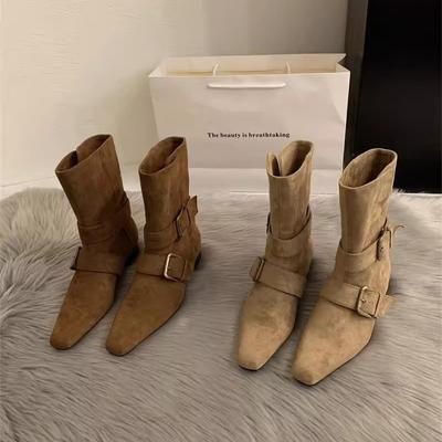 2025 корейская версия осень новый нишевый дизайн ретро французские короткие сапоги маленький квадратный носок ковбойские сапоги полусапоги женские сапоги