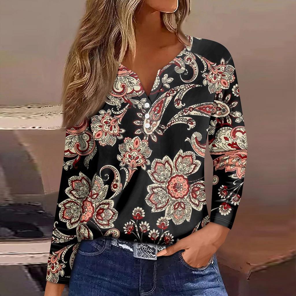 Женская модная повседневная футболка с v-образным вырезом и длинным рукавом с цветочным принтом, украшенная топами