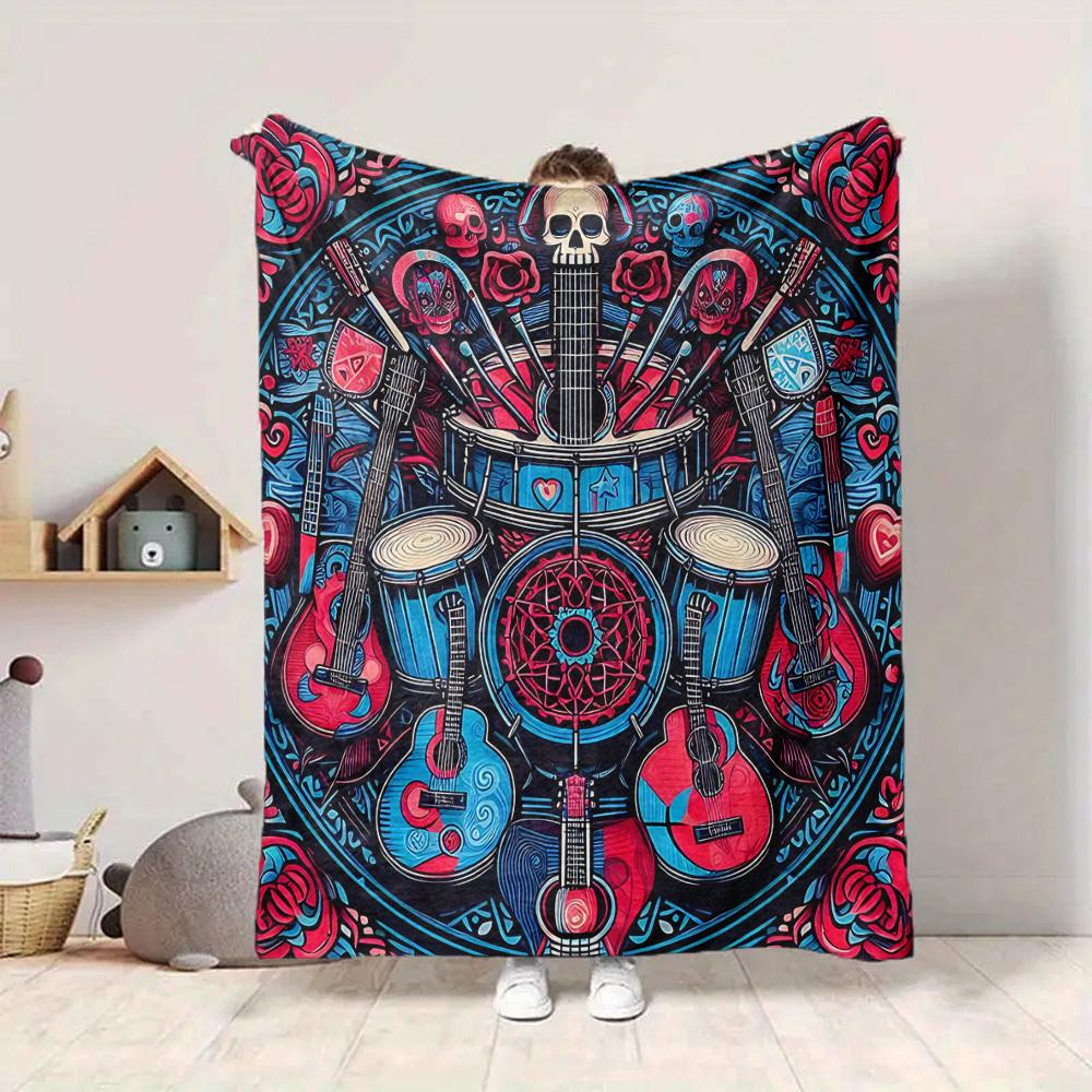 1pc Guitar Skull Lightweight Flannel Blanket, Comfortable and Warm Blanket, for Office and Camping Sofa Bed, Livingroom134