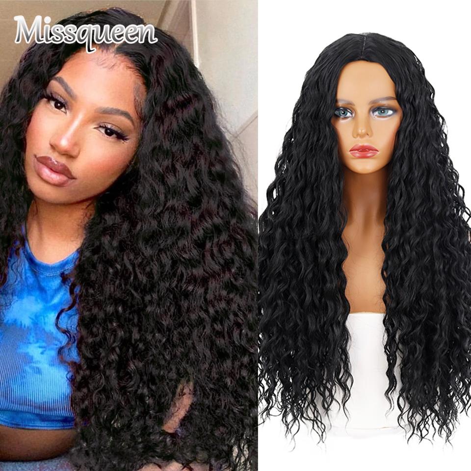 MISSQUEEN Черные женские синтетические парики Африканские извращенные вьющиеся парики Длинные глубокие волнистые парики 28 дюймов Высокотемпературный парик для косплея Вечерние