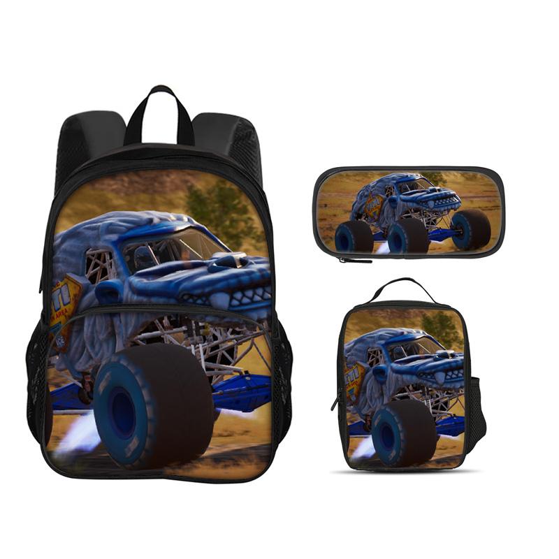 Monster Jam Круглая передняя сумка Рюкзак Пенал Сумка-холодильник Набор из 3 шт. Мультяшный принт Лучший спутник студента на кампусе Подарок на день рождения
