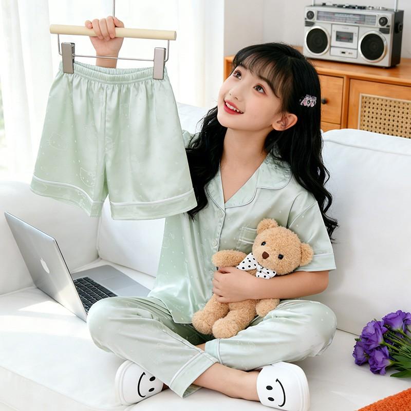 Girls Pajama Set Ice Silk Short Sleeve Sleepwear Cartoon Print Lightweight Home Wear Ages 8