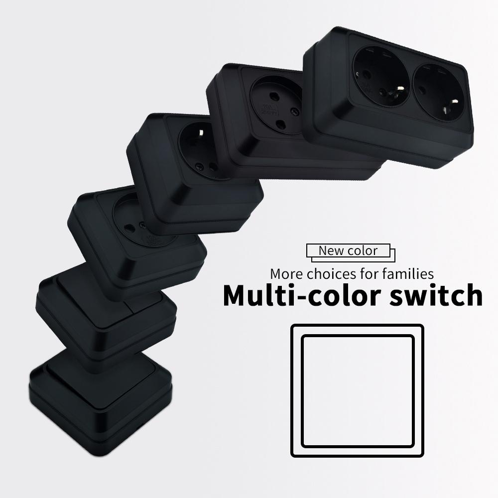 Black Flame Retardant Wall Mounted On/Off Spray Plastic 2 Gang 1 Way Button Light Switch EU Standard Classic Surface Switch Way