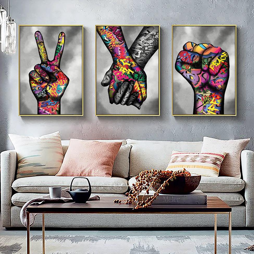 Граффити Wall Art Finger Fist Холст Картина Абстрактный Плакат Street Pop Art Печать на холсте Настенные картины для декора гостиной БЕЗ Рамки