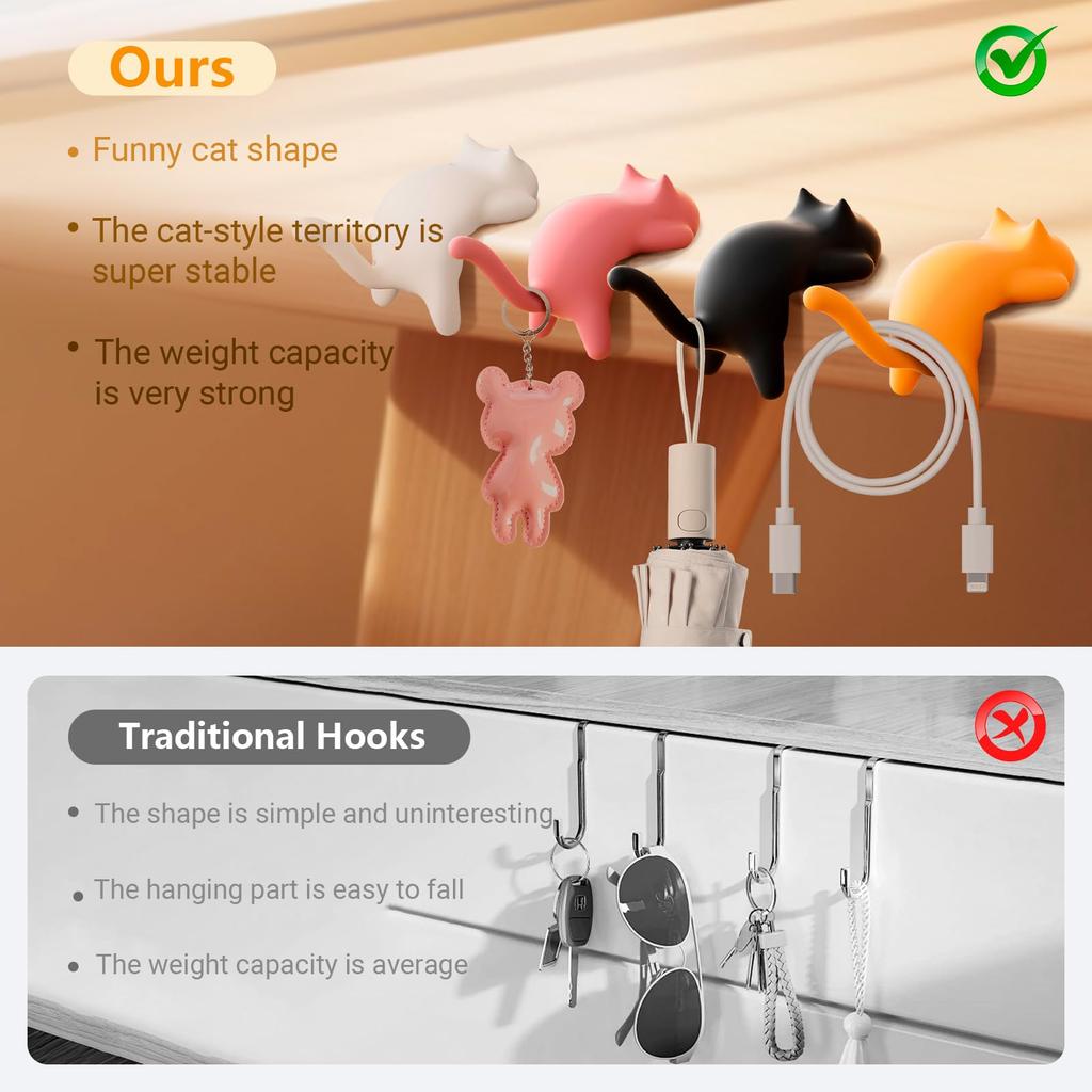 4 PCS Cat Shape Table Hook,Portable Purse and Key Hook for Desk,Suitable for Entrance Hall, Kitchen, Bedroom, Classroom, Office