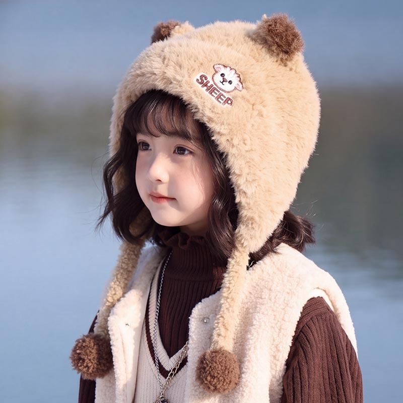 Children's autumn and winter plush ear hats, cute lamb ear hats, thickened warm baby cold-proof pullover hats for boys and girls