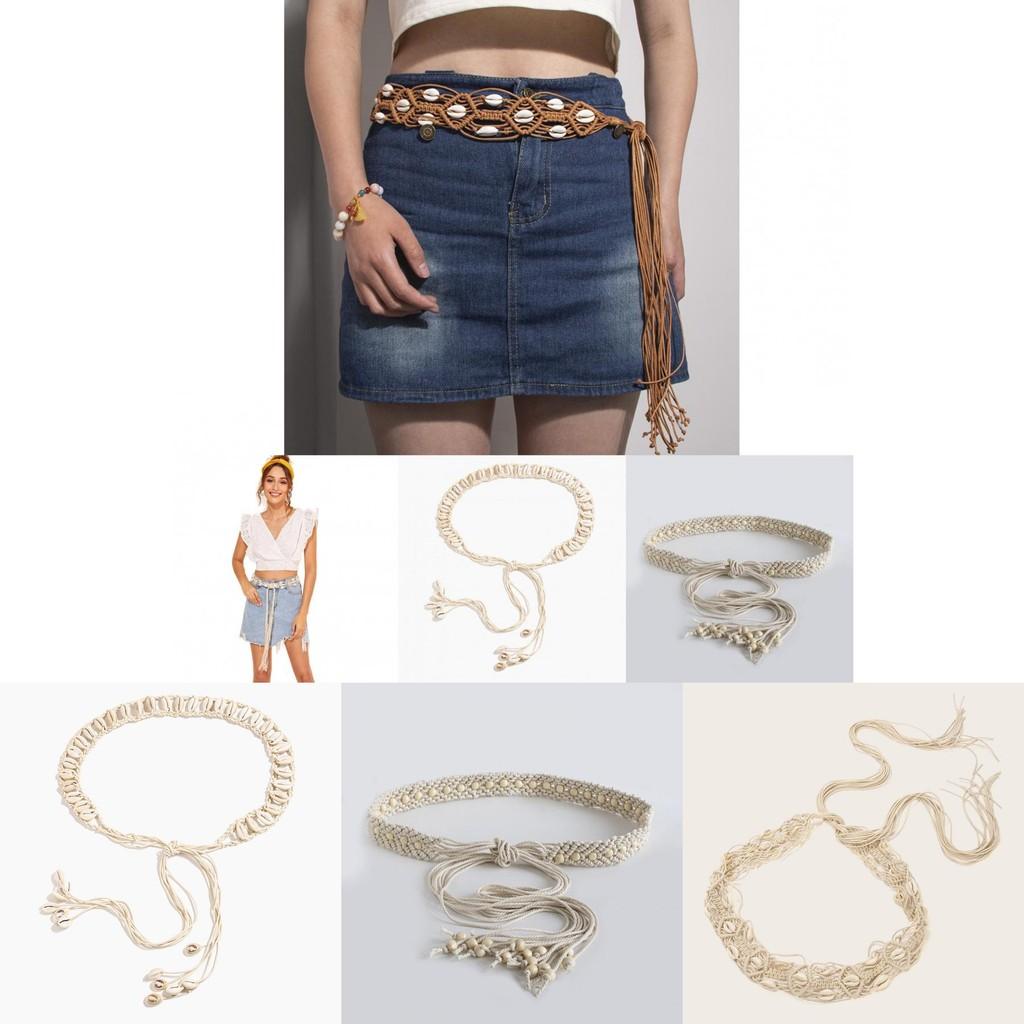 Bohemian Leather Shell Waist Band For Women With Wide Woven Cord And Versatile Style