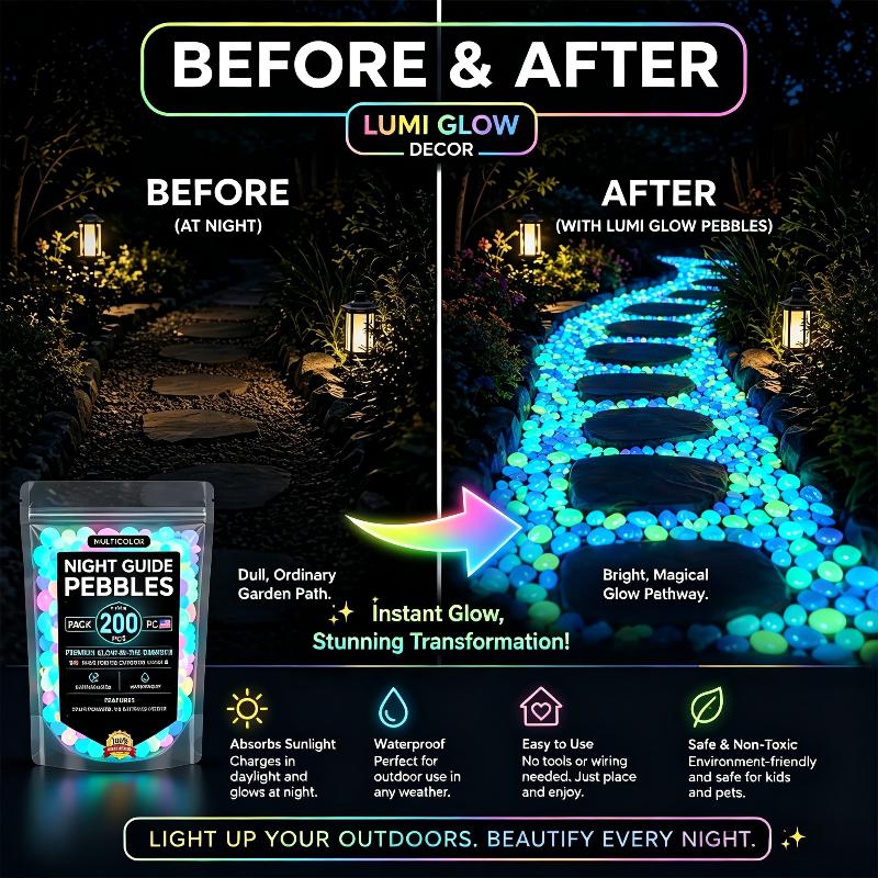 2026 Colorful Glow-in-the-Dark Garden Stones Night Guide Luminous Pebbles Rainbow Glow In The Dark Stepping Rocks Outdoor
