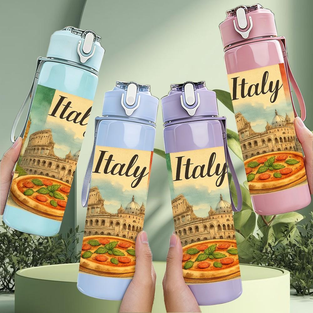 1PC Italy Pizza Tower Travel Poster 750ml Color Plastic Sports Water Bottle Leakproof Flip Straw Lid For Sports Office Home Use