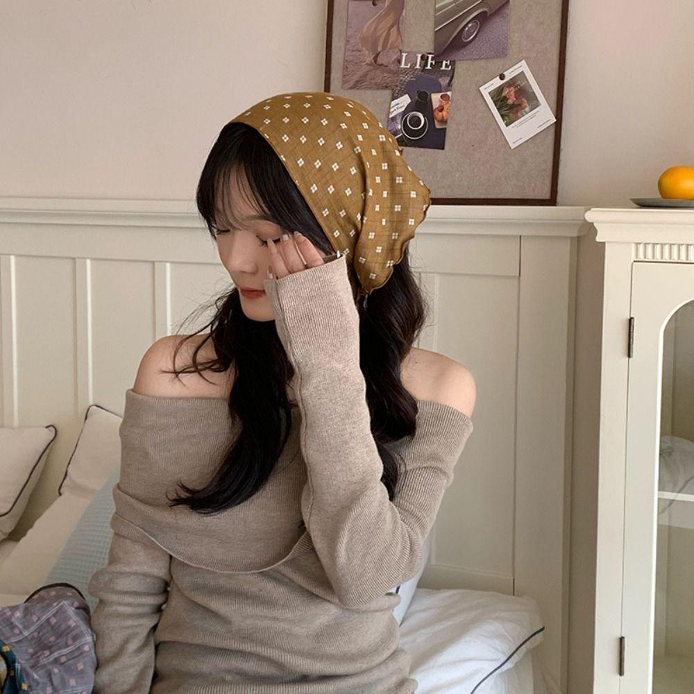 Thin Lattice Headscarf Turban Triangular Hair Band Sweet Pastoral Style Headscarf Summer