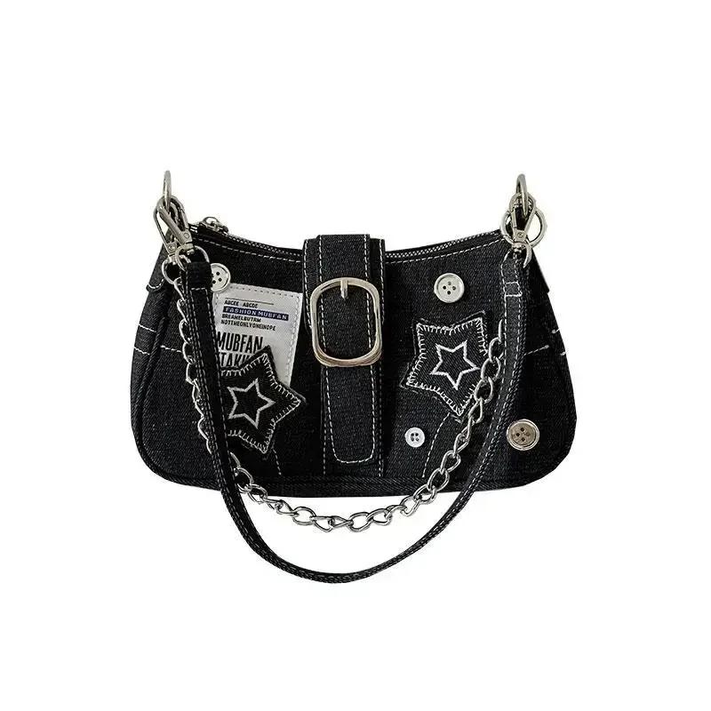 Women Crossbody Bags Korean Harajuku Goth Star Girl Black Hand Bag Fairy Grunge Aesthetic Wallet Shoulder Handbag Purses Baguette Tote Bags